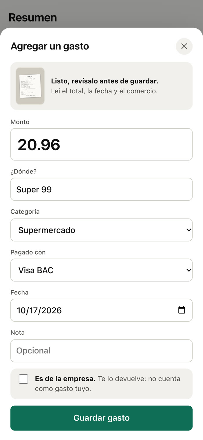 Una factura del super ya leída por Tally: $20.96, pagada con Visa